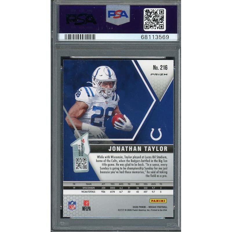 Jonathan Taylor 2020 Panini Mosaic Silver Prizm Rookie Card #216 Auto PSA 9 - 8'6" x 11'6"