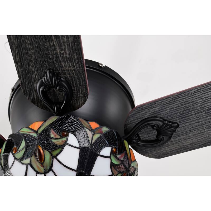 Apgrie 52-Inch Flushmount Lighted Ceiling Fan Warm Tones Tiffany Glass Lamp Black Finish