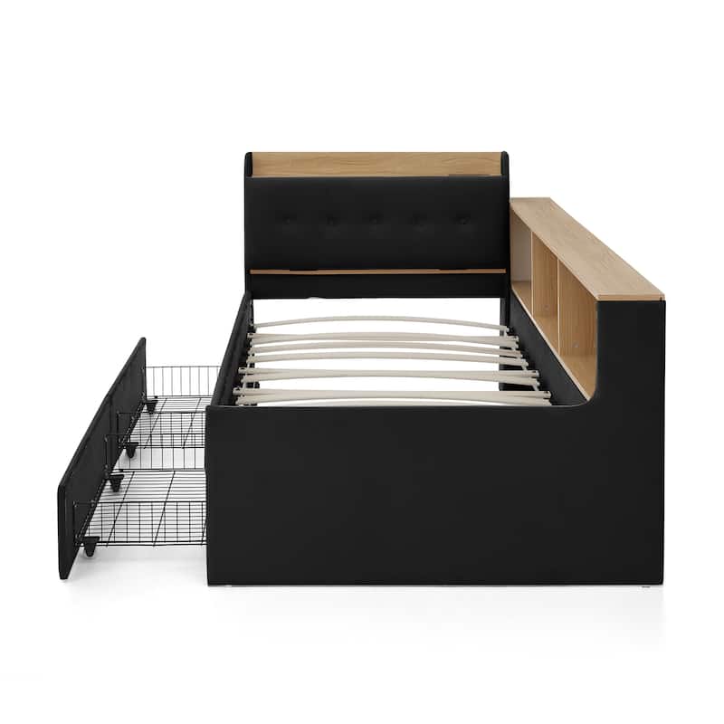 Multi-functional Velvet Daybed with Storage, LED Lights, and Wireless Charging, Twin Size