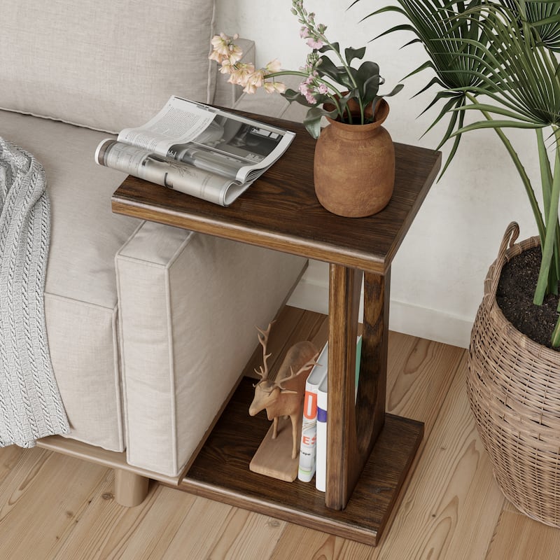 COZAYH Rustic C-Shaped End Table, Compact Snack Couch Side Table with Wooden Frame, Warm Brown Wood Finish