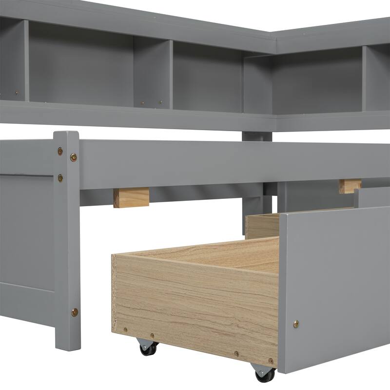 Twin Size Bookcass Bed w/ Power Outlets, USB Ports,2 Drawers,L-shaped