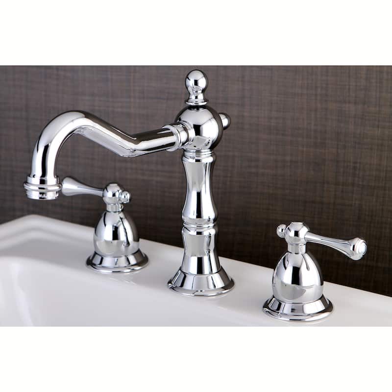 Kingston Brass Heritage Deck Mount Widespread Bathroom Faucet with Brass Pop-Up