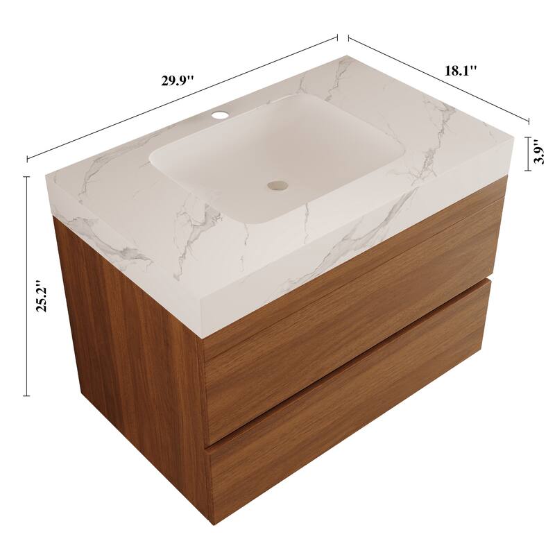 29.9" Modern Floating Bathroom Vanity with Faux Marble Top and Ceramic Undermount Sink, Wall-Mounted for Small Bathrooms