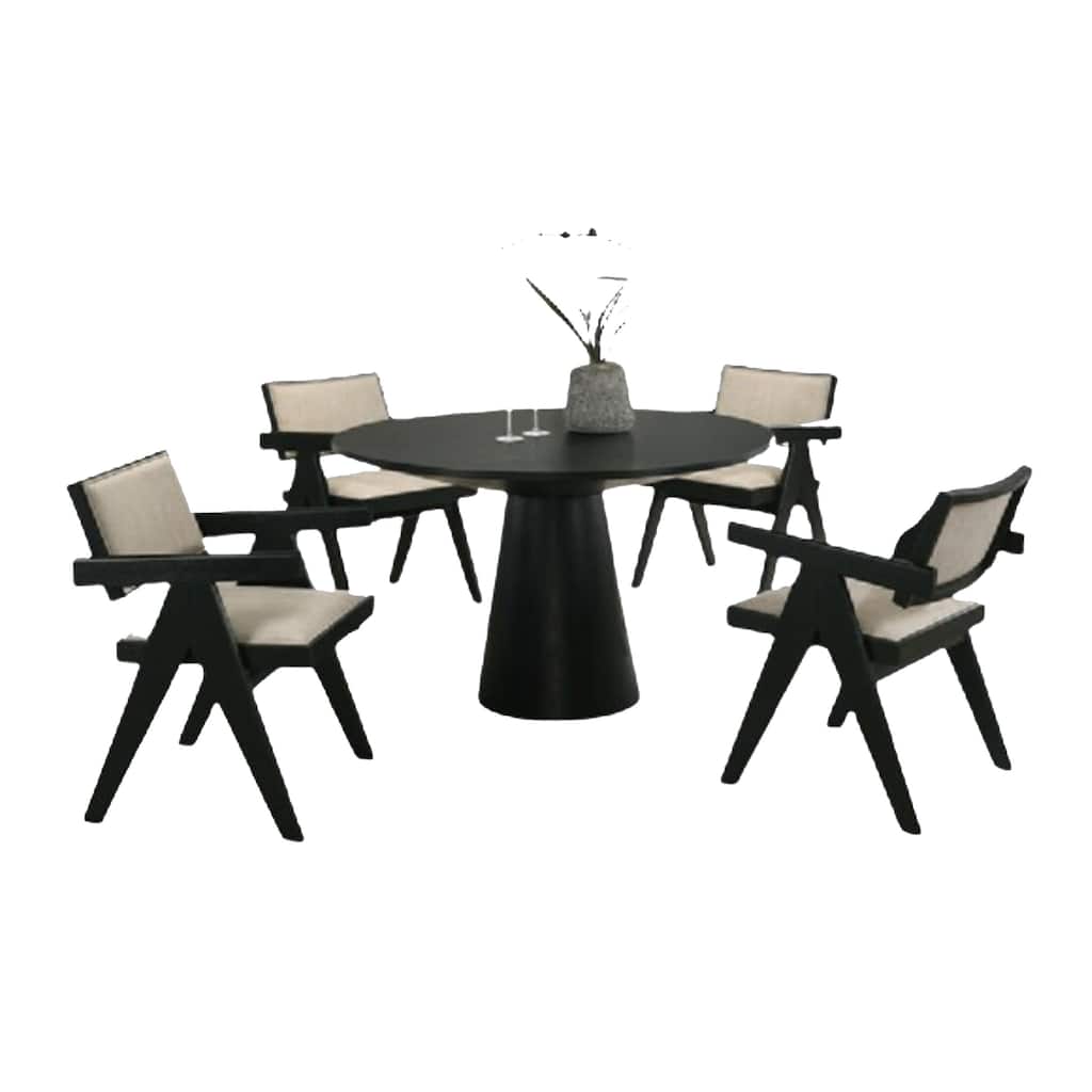 Bili 5pc Round Dining Table and 4 Armchairs Set, Open Back, Beige, Black