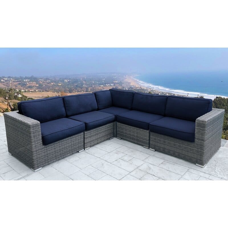 LSI 5 Piece Rattan Sectional Seating Group with Sunbrella Cushions - Navy Blue