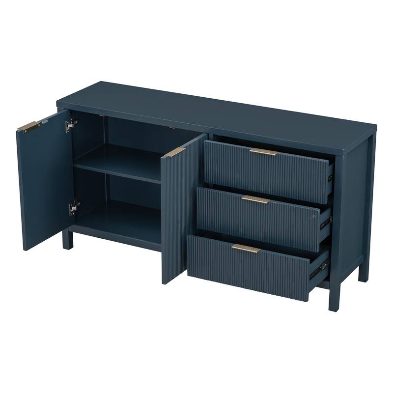 60" MDF Wave Design Console Tables - 2 cabinet & 3 Drawers with Acacia Wood Legs