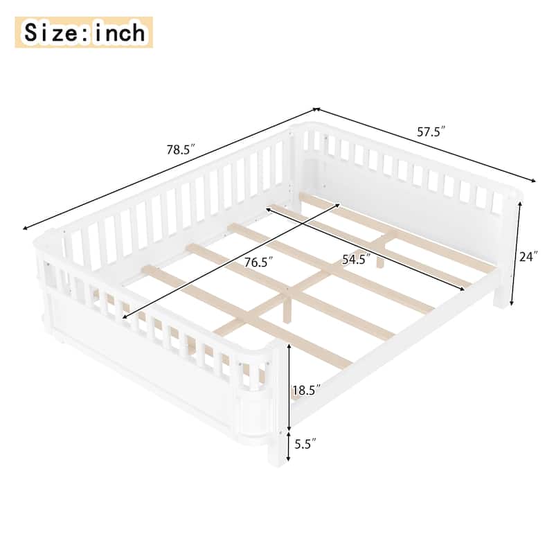 Wood Platform Bed with Guardrails & Detachable Fence, Twin/Full/Twin XL/Queen Size Kids Bed, Safety Design, No Box Spring