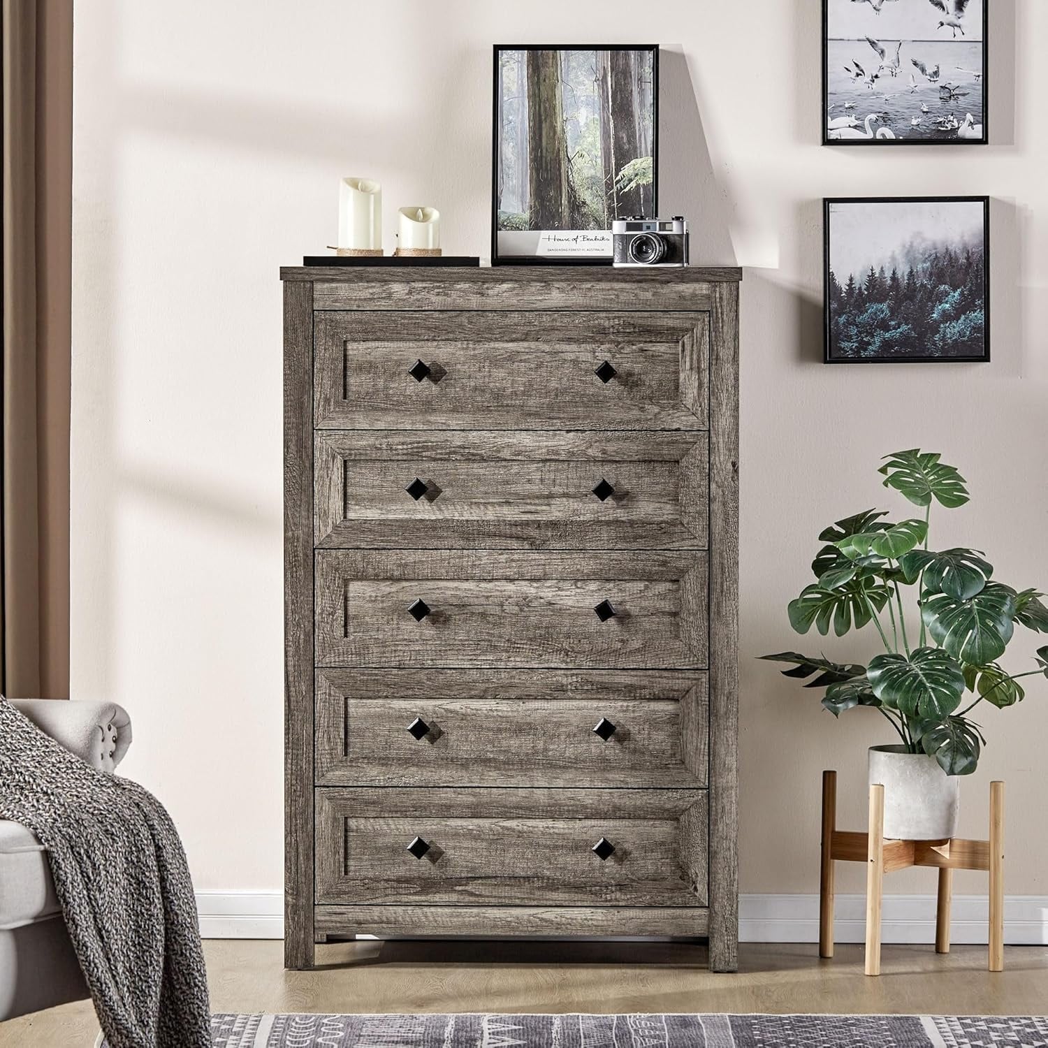 5 Drawer Tall Wood Dresser with Vintage Finish, Rustic Grey, 48 Inches