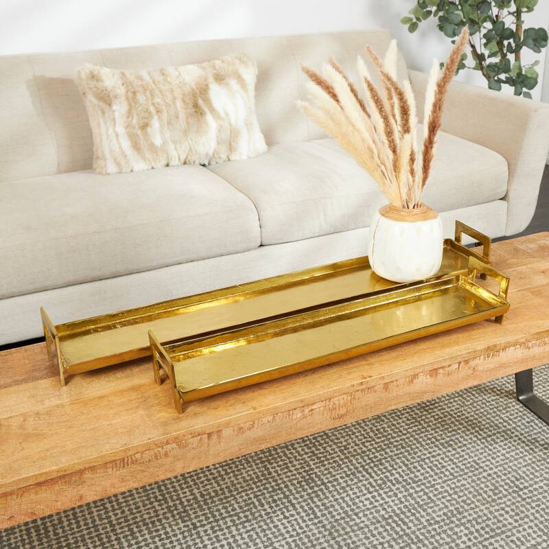 Brass Aluminum Metal Nesting Living Room Decor Tray with Gold Handles (Set of 2) - 35", 26"W - 35", 26"W - Brass
