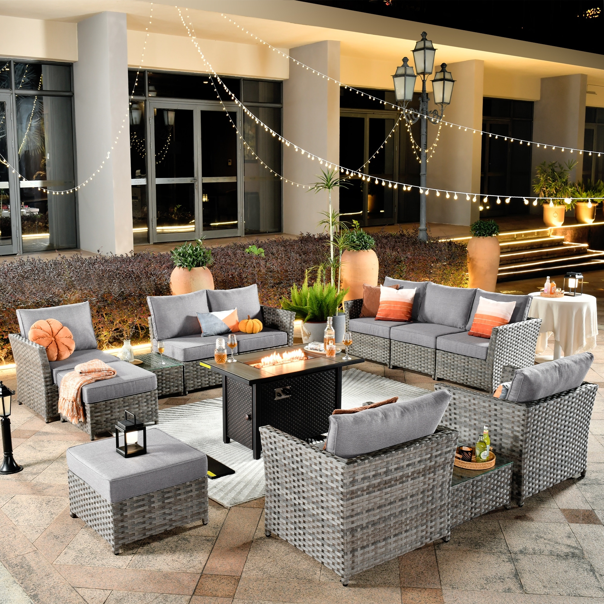 HOOOWOOO 13 piece Wicker Rattan Patio Sectional Conversation Set with Fire Pit On Sale Bed Bath Beyond 39792846