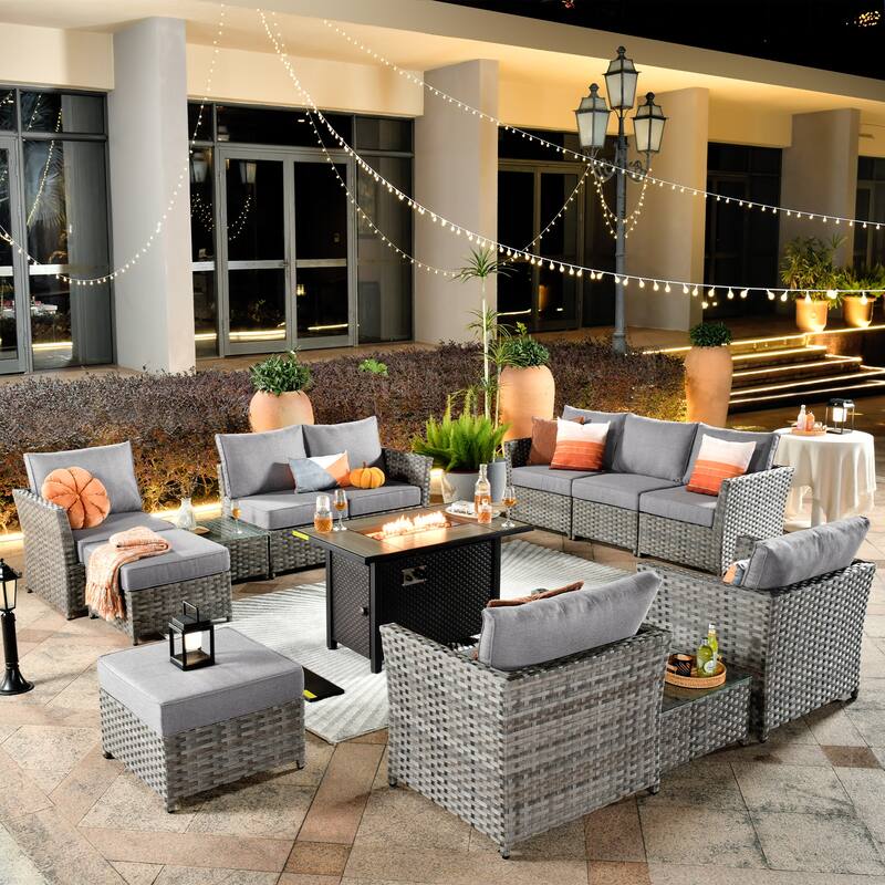 HOOOWOOO 13-piece Wicker Rattan Patio Sectional Conversation Set with Fire Pit - Dark Grey