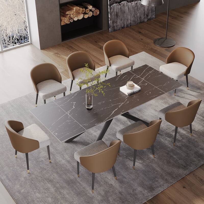 9 - Piece Extendable Rectangular Sintered Stone Cross Legs Dining Set With 8 Chairs For Home or Villa - Brown&Grey Chair