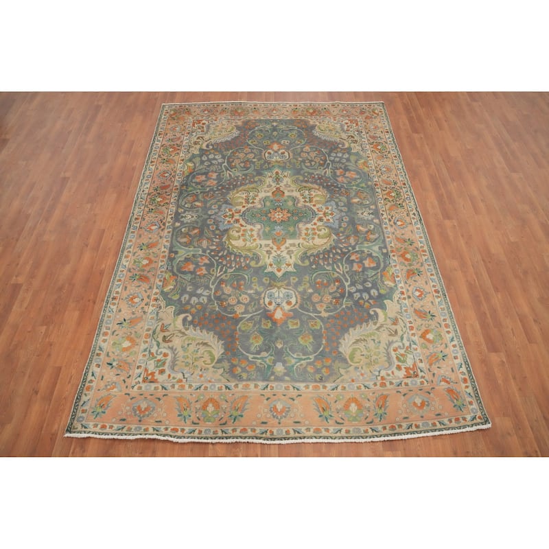 Hand Knotted Oriental 100% Wool Carpet Traditional Floral Greys & Charcoal Tabriz Area Rug - 9' 6'' X 6' 8''