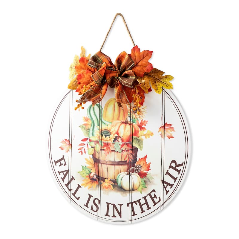 Glitzhome 15"D Hello Fall Wooden Pumpkins Word Sign with Floral Door Hanger