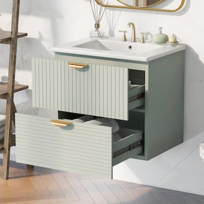 24" Wall-Mount Bathroom Vanity with Ceramic Sink & 2 Storage Drawers