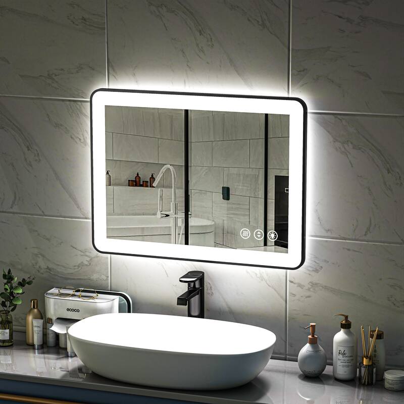 TOOLKISS Black Frame Anti-Fog Dimmable LED Light Vanity Bathroom Mirror with Backlit and Front Light