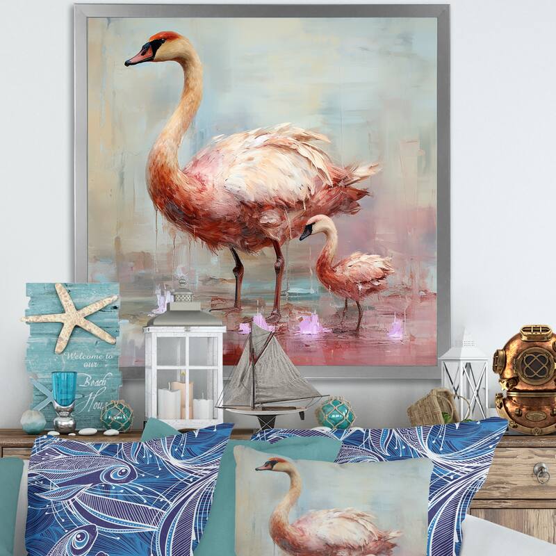 Designart "Pink Blooming Swan Beauty" Swans Wall Decor Pink Modern Entryway Framed Wall Art Print - 30 in. wide x 30 in. high - Silver