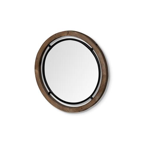 Josi 19" Round Medium Brown Solid Wood w/ Black Metal Frame Mirror - 19.3L x 1.3W x 19.3H
