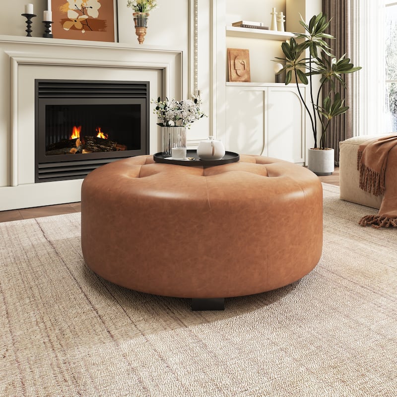 Christopher Knight Home PU Leather Button Tufted Round Ottoman