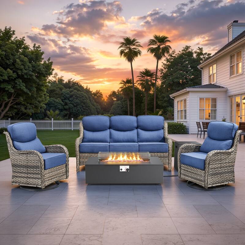Pocassy 43" Fire Pit w/ Outdoor Sofa Swivel Chair Ottoman Set - Gray Wicker Blue Cushion - 4PCS Fire Table w/ 6-In Cushion Sofa Swivel Chair