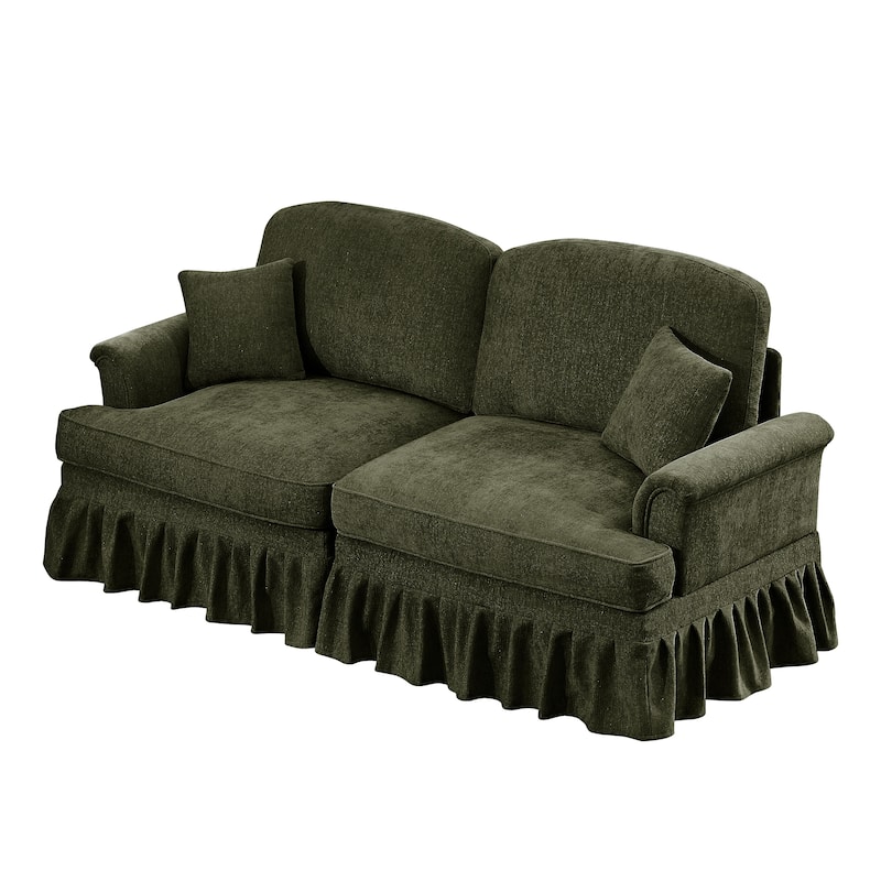 Mid-Century 2-Seat Sofa Couch with Flared Arms & Removable Ruffled Skirts, Retro Chenille Upholstered Loveseat for Living Room