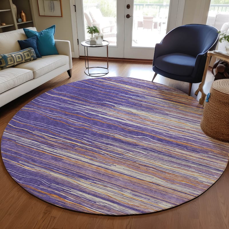 Machine Washable Indoor/ Outdoor Modern Stripe Chantille Rug - Purple - 8' x 8'