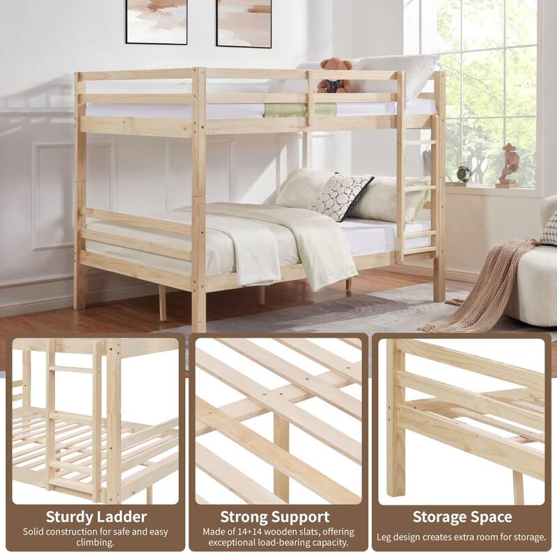 Full Over Full Bunk Bed, Thick Wood Posts, High Guardrail, Ladder