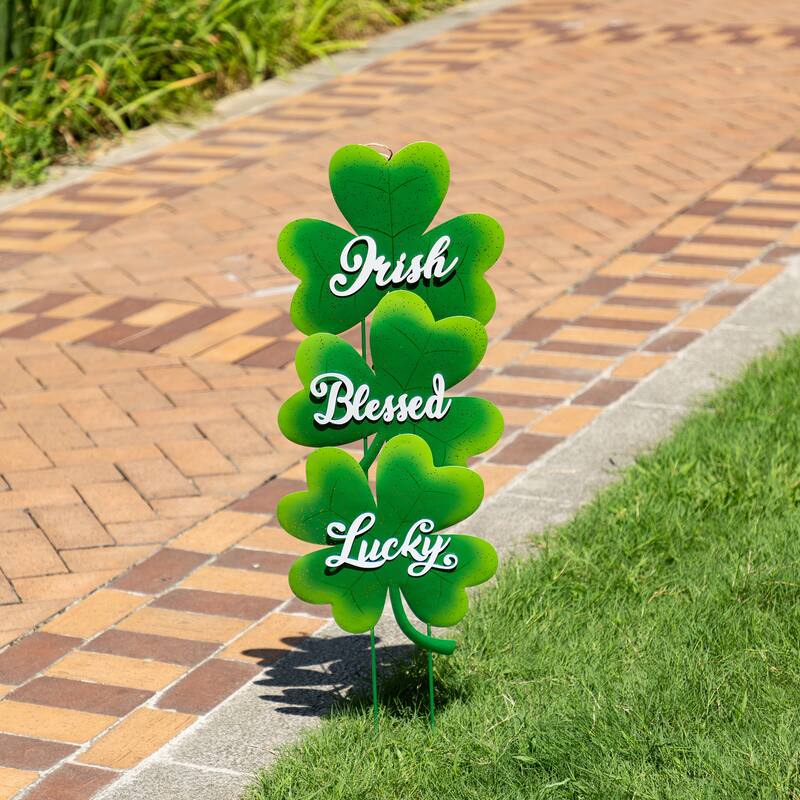 Glitzhome 36.75"H Set of 3 St. Patrick's Metal Shamrock Yard Stakes