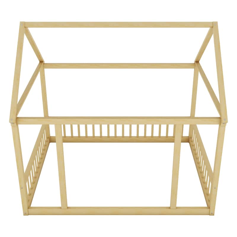 Full Size Floor Wooden Bed with House Roof Frame and Safety Guardrails