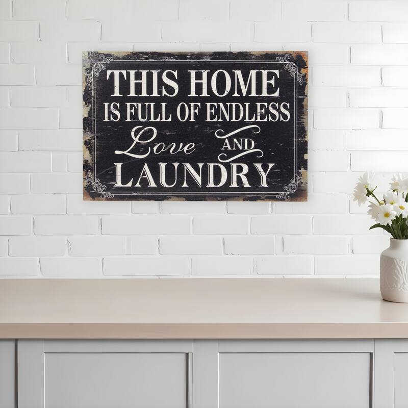 HomeRoots 16" X 24" Black and White Endless Love And Laundry Wood Wall Decor - White/Black - 23.75 in. x 15.75 in.  x 1.25 in.