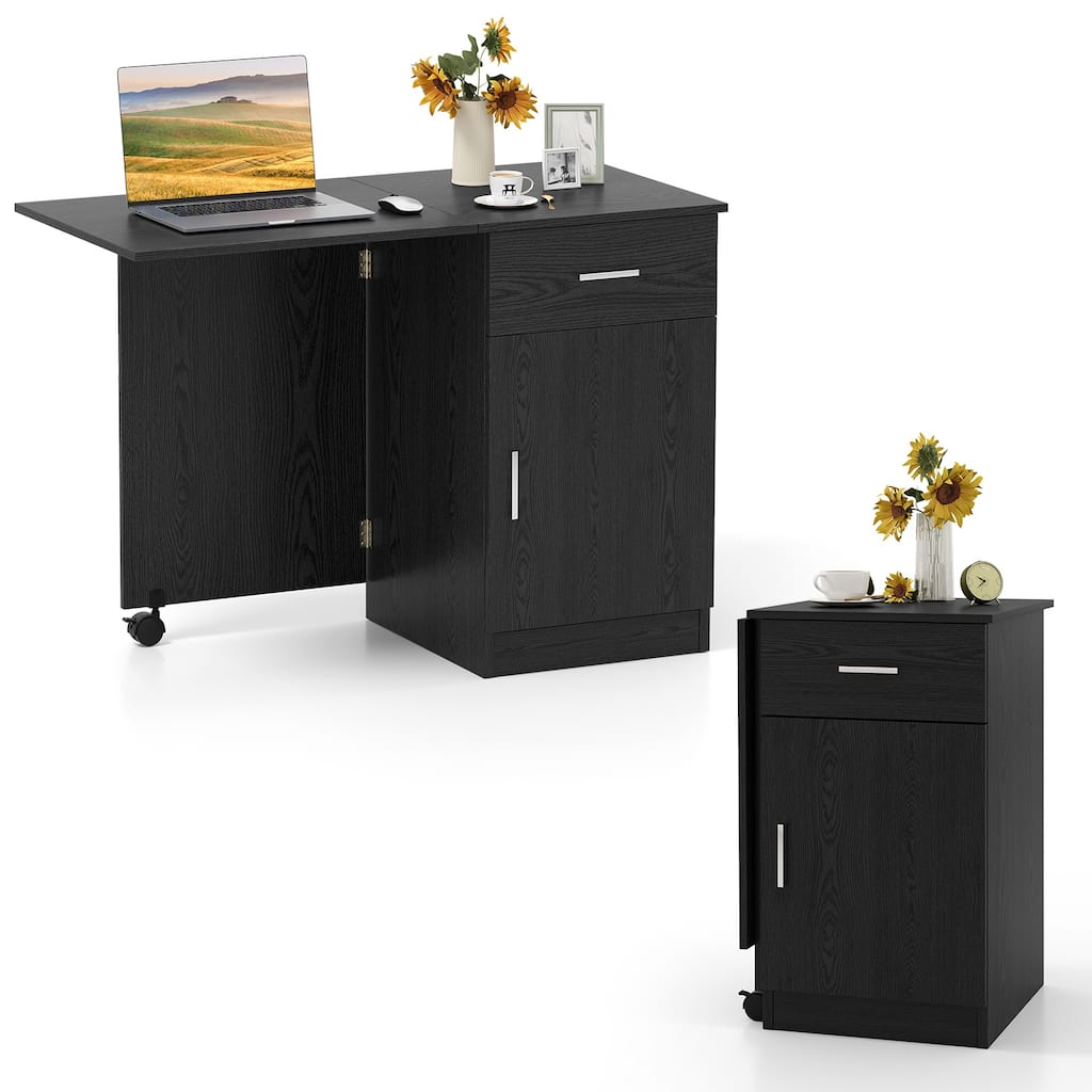 MDF Folding Computer Desk with Storage Cabinet, Drawer and Wheels