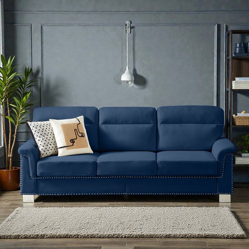 82 Inch Modern 3 Seater Sofa with Snowfleece Fabric, Compressed Upholstered Couch for Living Room Bedroom - Blue