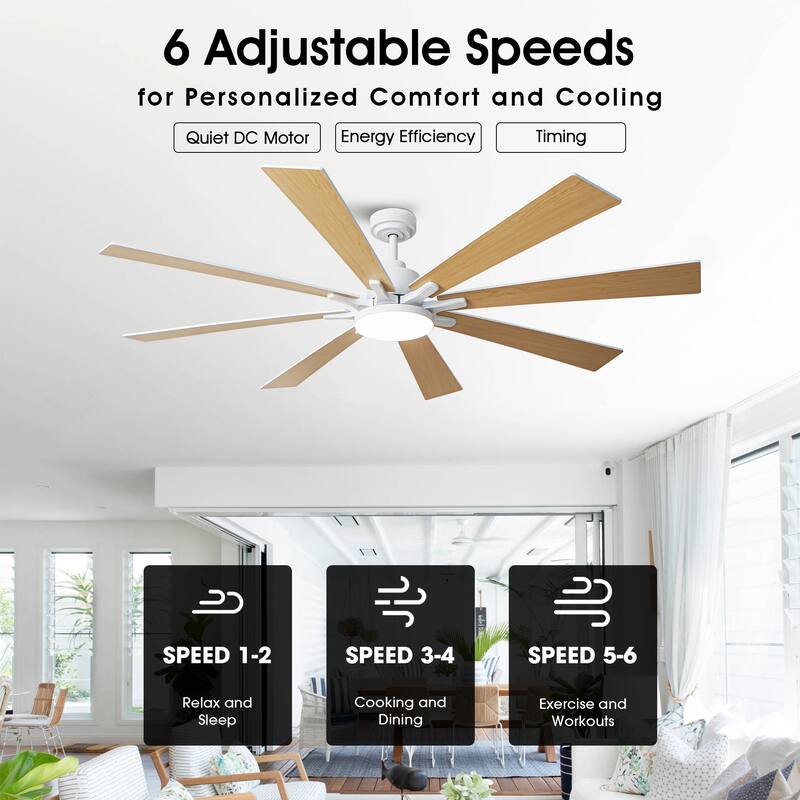 Modern 72-in White Wooden 8-Blade Large Windmill Ceiling Fan with Light
