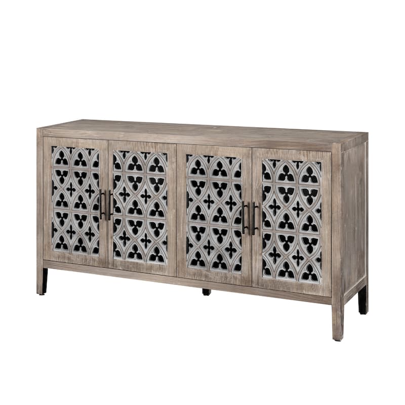 Hollowed-Out Floral 4 Doors Antique Cabinet, Freestanding Wooden Storage Cabinet, Accent Cabinet with Adjustable Shelf