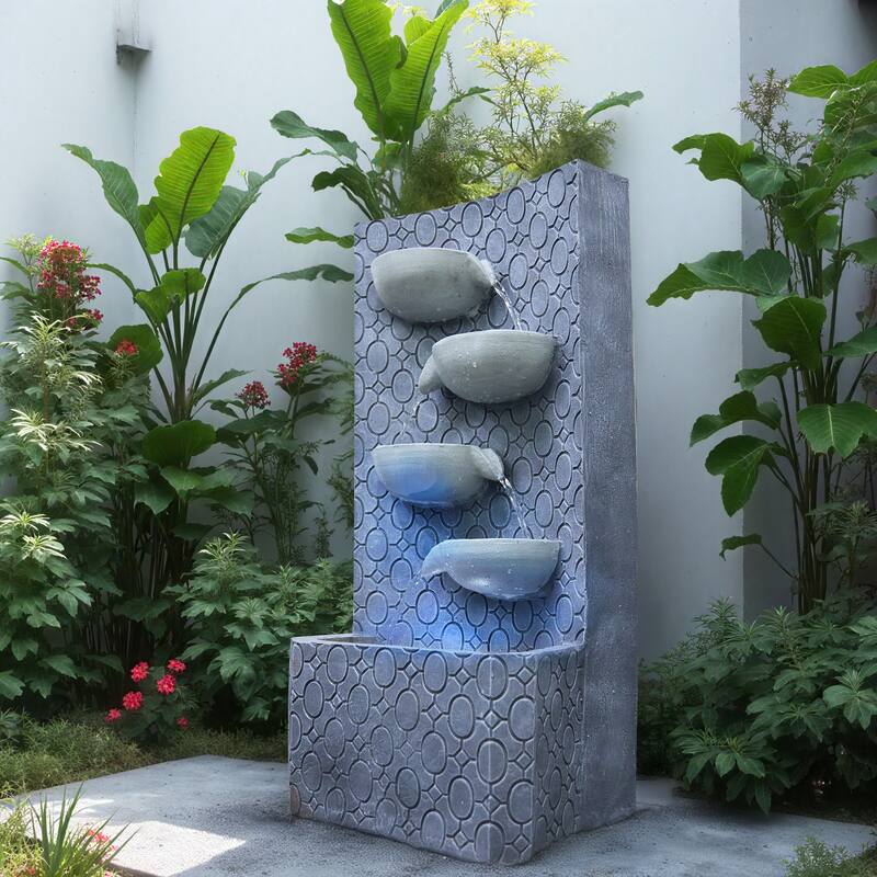 Vbal Outdoor 4-Tier Polyresin Modern Fountain with Soothing Water Sounds – Weather Resistant