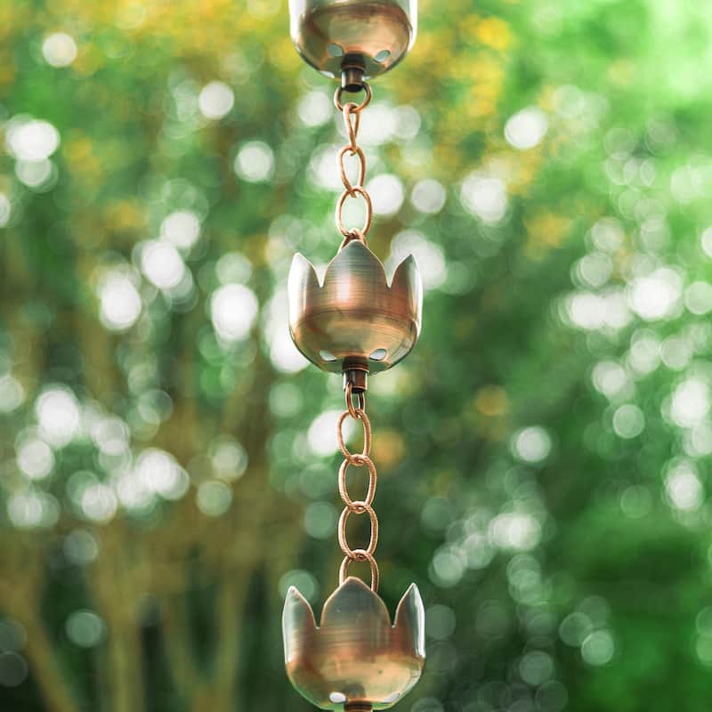 Glitzhome 102"L Faux Copper Antique Lotus Shaped Rain Chain with Clip - 8.5ft