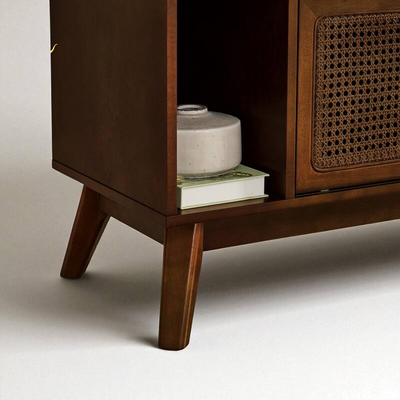 67.9" Mid-Century Modern Rattan TV Stand for TVs up to 75", Entertainment Cabinet with Sliding Doors & Solid Wood Legs