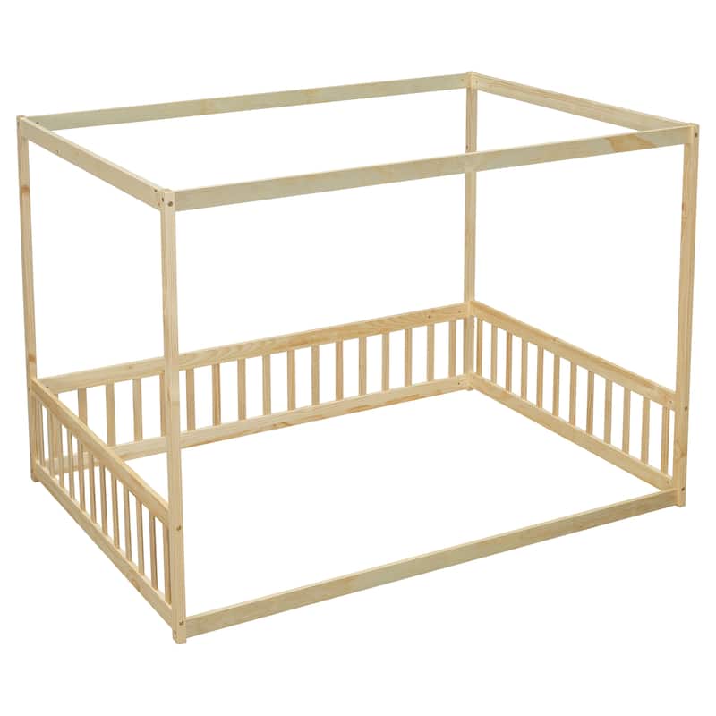 Canopy Frame Floor Bed with Fence and Guardrails