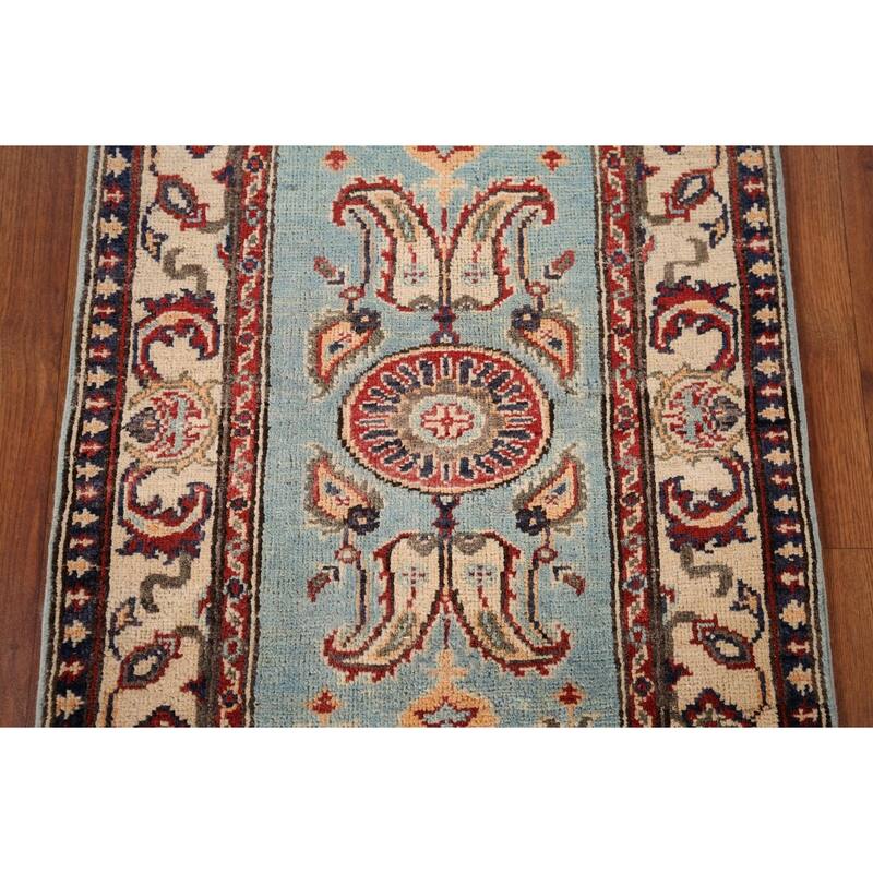 Light Blue Floral Kazak Oriental Runner Rug Hand-Knotted Wool Carpet - 2'1" x 5'11"