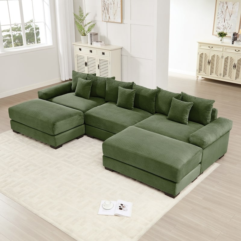 129.9" Oversized Modular Corduroy Cloud Sectional Sofa Set with Ottomans - Green