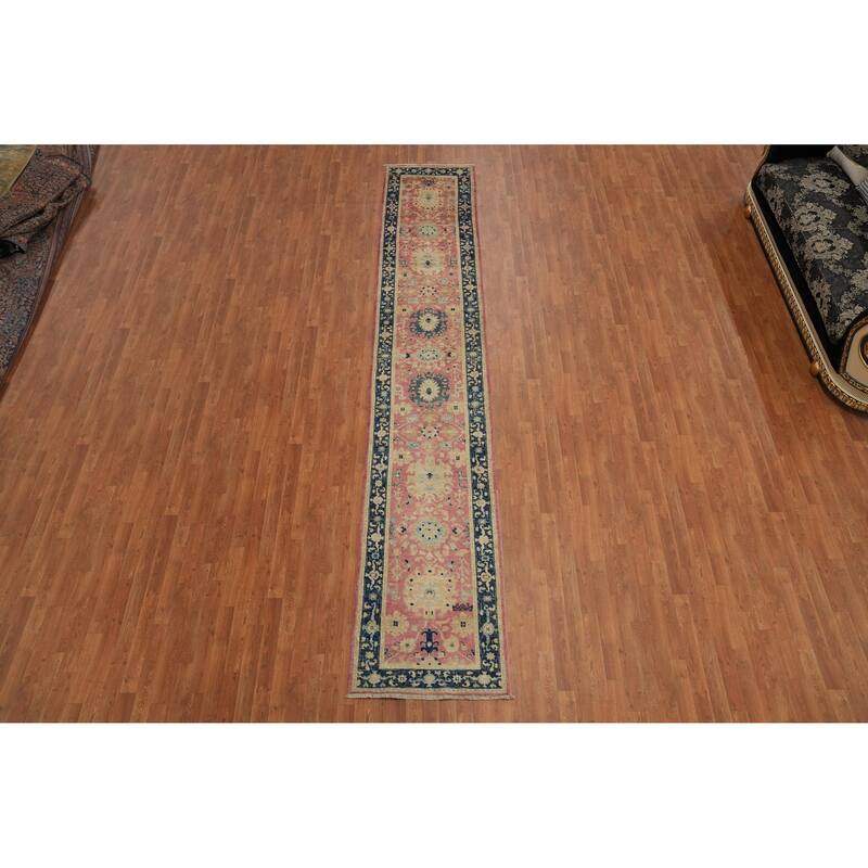 Hand Knotted Oriental 100% Wool Carpet Transitional All-Over Pink Oushak Runner Rug - 14' 7'' X 2' 7''