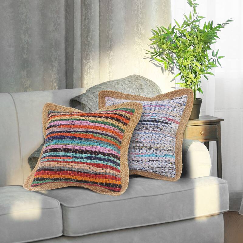 20" Tan and Pink Chindi Geometric Square Throw Pillow