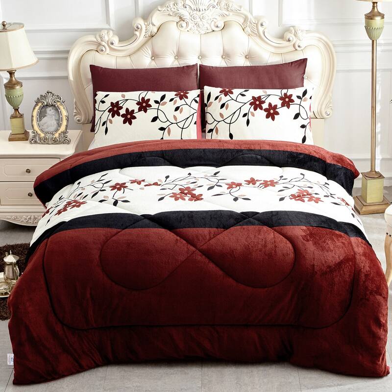 3-Piece Floral Printed Sherpa-Backing Reversible Comforter Set