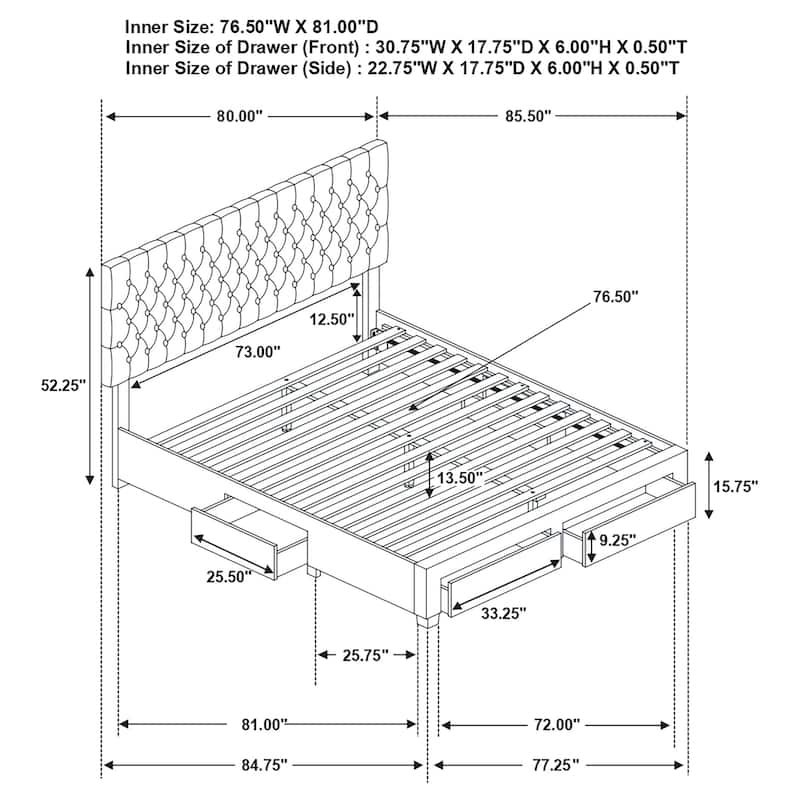 King Size Upholstered Storage Bed with 4 Built-In Drawers and Tufted Headboard