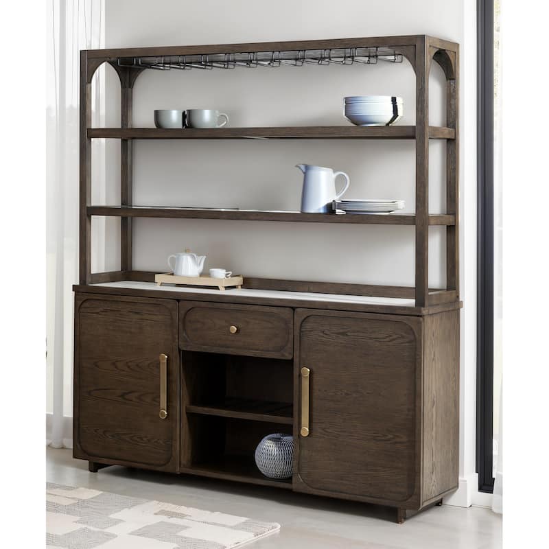 Furniture of America Laria Modern Farmhouse 2-Piece Quartz Stone Top Dark Walnut Wood Dining Hutch and Buffet Set - Dark Walnut