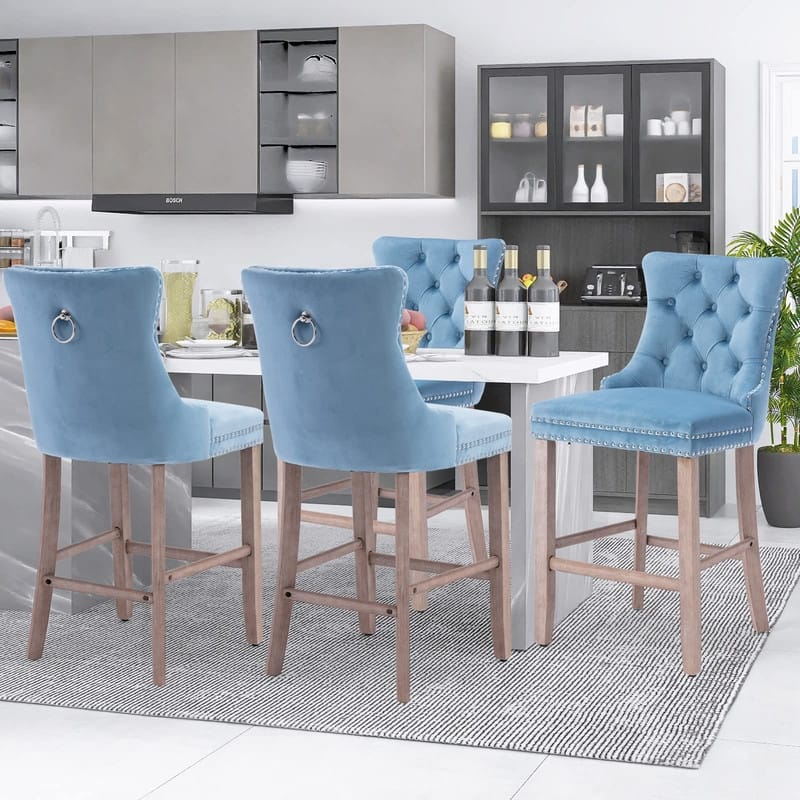 Wing Back Velvet Tufted Nailhead Barstools(Set of 4)