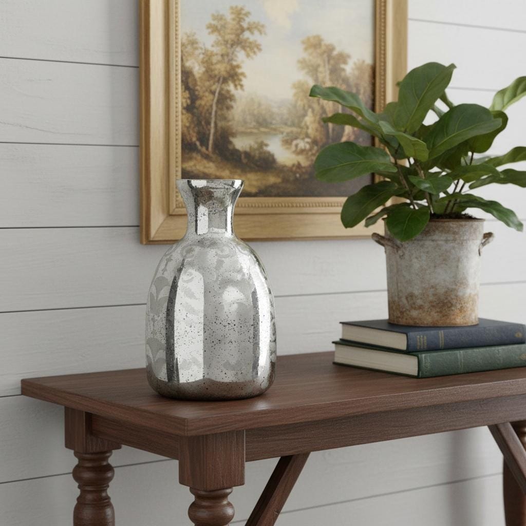 18" Antiqued Silver Floral Glass Table Vase - 12.00