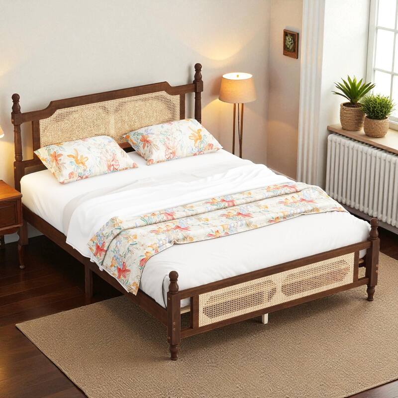 Queen/King Size Pine Wood Bed with Rattan Headboard and Footboard, Solid Frame with Central Support and Under-Bed Storage