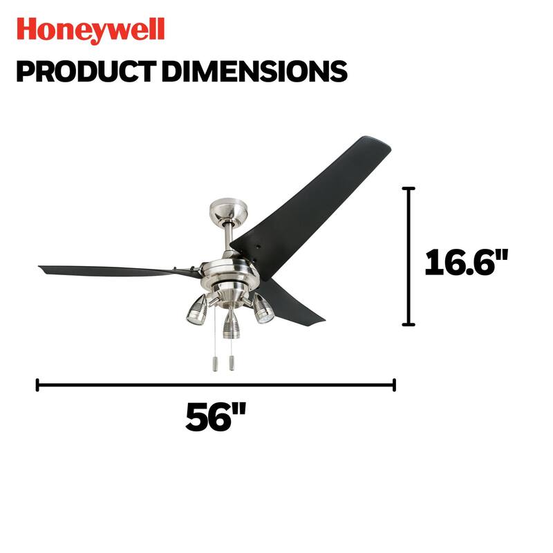 56" Honeywell Phelix Brushed Nickel Contemporary Indoor LED Ceiling Fan with Light, Pull Chain