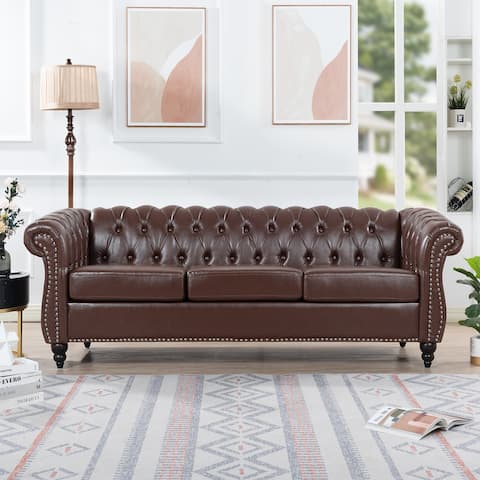 84" Dark Brown PU Rolled Arm Chesterfield Three Seater Sofa